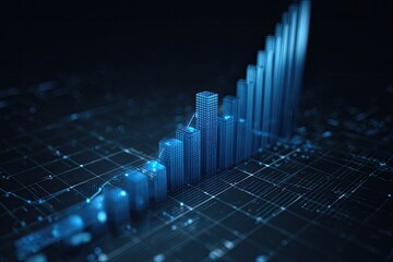 A digital rendering depicting a rising bar graph with a futuristic grid background