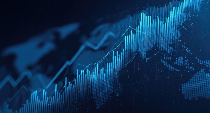 Blue-toned digital illustration depicting global market trends with rising graphs and bar charts