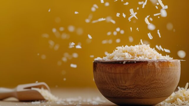 Grated Cheese Falling into Wooden Bowl with Yellow Background in Culinary Scene