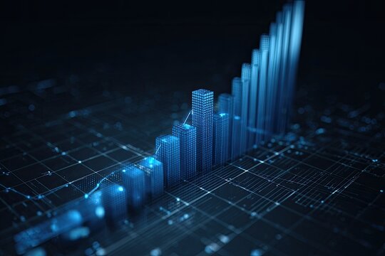 A digital rendering depicting a rising bar graph with a futuristic grid background