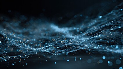 Abstract, dynamic illustration showing interconnected lines and particles, glowing in blue and orange tones