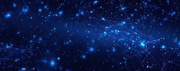 A dark blue background is filled with glowing dots and interconnecting lines resembling a network