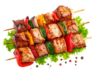 Meat and vegetable shish kebab isolated on a transparent background.