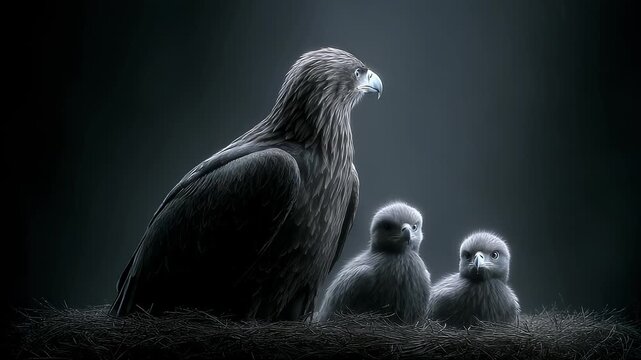 The Warm Moment of an Eagle Guarding its Chicks