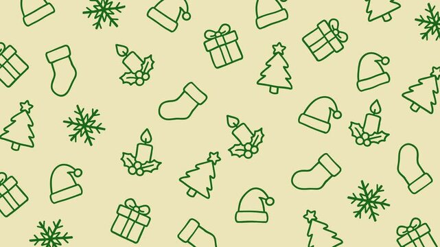 Animated seamless pattern featuring hand-drawn Christmas icons including trees, gifts, stockings, candles, holly leaves, snowflakes, and Santa hats in green outlines on a beige background.