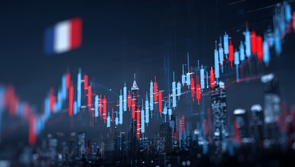 Illuminated financial market candlestick chart displaying upward and downward price movements against a dark cityscape backdrop with a subtle flag element
