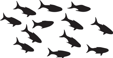 Fototapeta premium Black silhouette school of fish swimming white background
