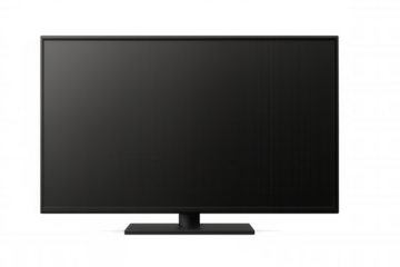 Modern black flat screen television or computer monitor with dark blank display on transparent background