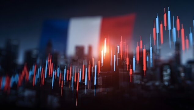 Abstract representation of financial market trends and economic growth in france with a blurred national flag and city skyline in the background - Powered by Adobe