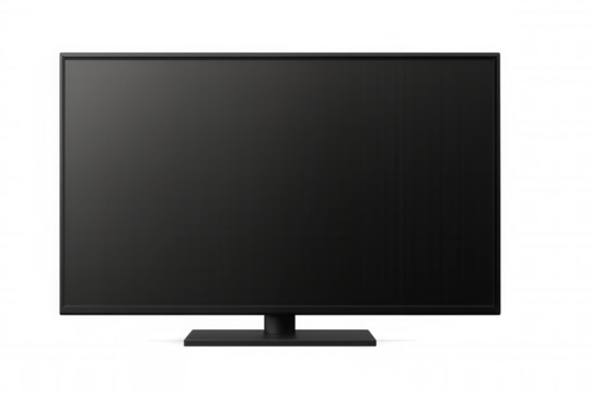 Modern black flat screen television or computer monitor with dark blank display on transparent background