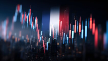 Abstract representation of financial market trends with a subtle overlay of the french national flag colors creating a sense of economic activity