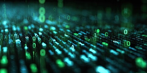 Abstract digital illustration featuring cascading binary code in shades of green and turquoise