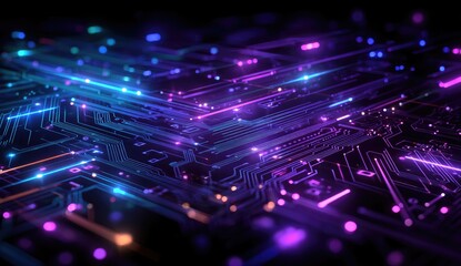 Abstract glowing circuit board with neon lights and blurred trails