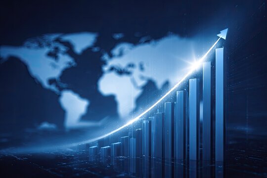An upward-trending bar graph against a global backdrop, symbolizing financial progress
