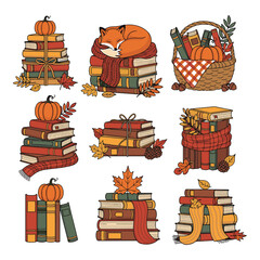 Cozy autumn scenes featuring stacks of books pumpkins and a sleeping fox