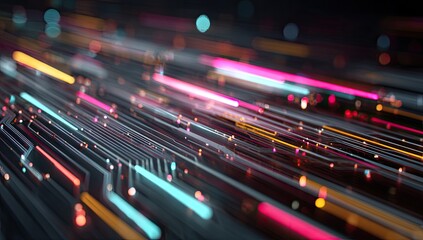 A close-up of a circuit board with colorful light streaks and bokeh effects