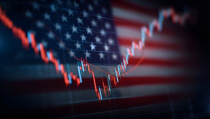 Abstract representation of financial market fluctuations and economic trends overlaid on the united states flag symbolizing national commerce and investment performance