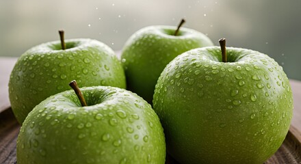 Close-up of Four Fresh Green Apples with Water Droplets, Macro Photography.