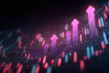 Graph visualizing financial growth, featuring rising arrows & stock market candlesticks