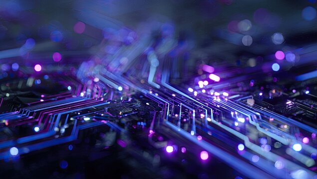 Close-up abstract view of a detailed circuit board with glowing blue and purple illumination