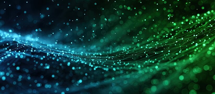 Abstract image features flowing strands of glowing blue and green particles against a dark backdrop
