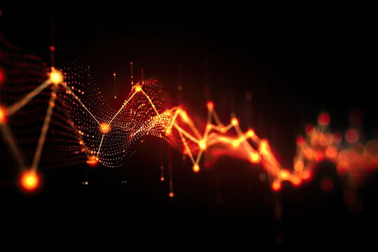 Abstract digital representation of interconnected data nodes glowing with an orange, dynamic luminescence - Powered by Adobe