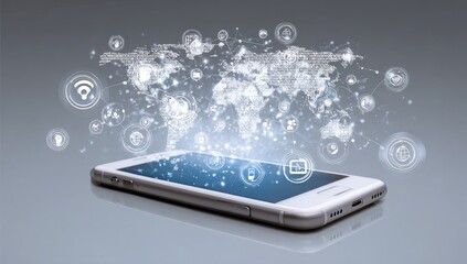 Smartphone with glowing digital world map and icons, representing global connectivity and data transfer