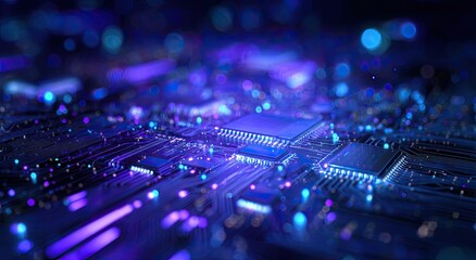 Abstract shot of a microchip with glowing circuit pathways in shades of blue and purple