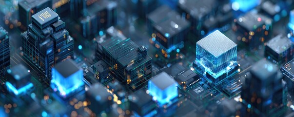 Close-up of a modern abstract digital landscape of glowing blue and green circuits with cubes and microchips
