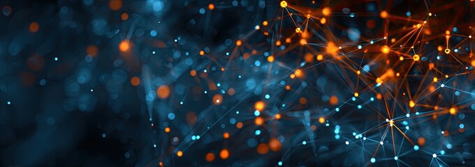 Abstract image featuring interconnected glowing dots and lines against a blurred blue and dark background