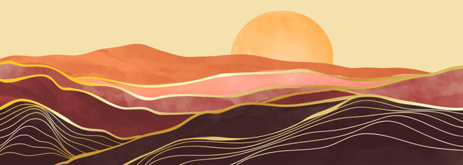 Mountain landscape watercolor painting illustration with golden line art texture. Mountain background for wall art prints, poster Art Decoration, banner