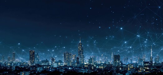 Evening cityscape with connected lines and nodes, creating a visualization of technological networks
