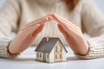 Hands sheltering miniature house. Suggests security, insurance, protection of home, concept