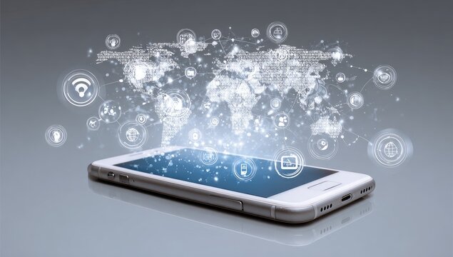 Smartphone with glowing digital world map and icons, representing global connectivity and data transfer