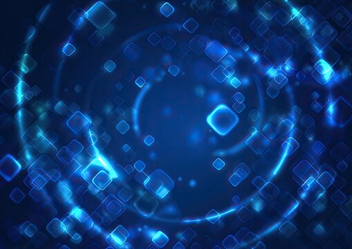 Abstract blue illustration with glowing rings, square shapes, and a dark center