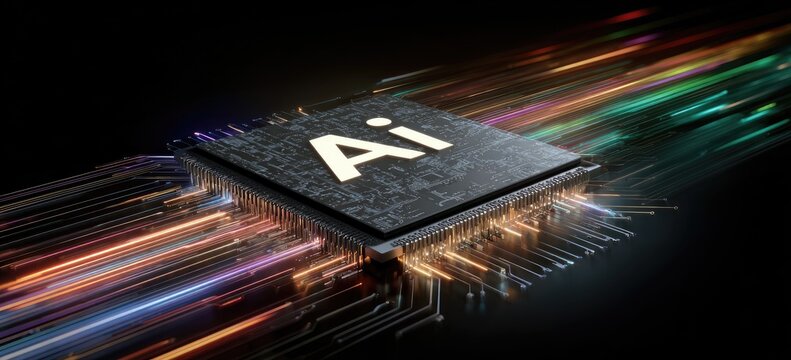 An AI chip graphic with the letters "Ai" in it, with colorful streaks emanating from it against black