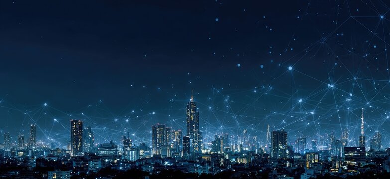 Evening cityscape with connected lines and nodes, creating a visualization of technological networks