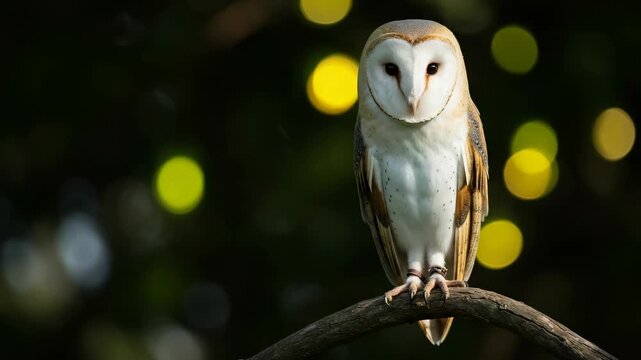 Portrait of a Barn Owl Perched on a Branch Against a Dark Background with Bokeh Yellow Lights Wild Bird in Nature