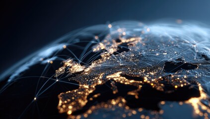 A close-up, luminous view of Earth at night, centered on Europe, showing interconnected networks