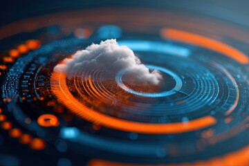 Abstract conceptual image showcasing cloud computing with a fluffy cloud and data visualization