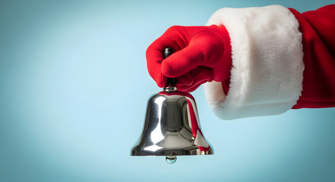 Santa Claus hand ringing a silver bell on a light blue background