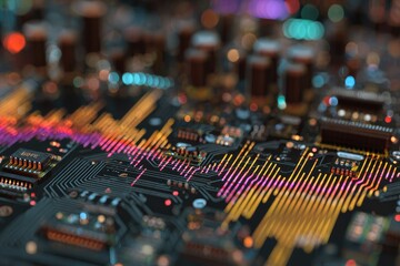 Close-up of a complex circuit board with colorful electronic pulses and blurred components