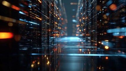 Abstract digital tunnel, glowing lights and blurred shapes suggesting data streams, tech