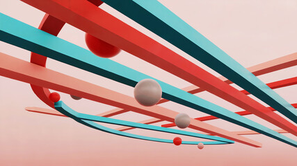 Modern abstract lines in teal and red creating a 3D flowing digital geometric background