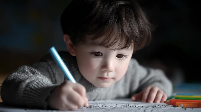 Cute little boy focused on painting