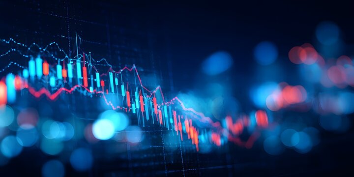 Abstract representation of financial market trends with glowing digital data streams and bokeh lights creating a futuristic economic backdrop