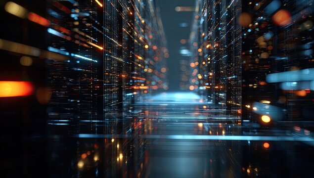 Abstract digital tunnel, glowing lights and blurred shapes suggesting data streams, tech