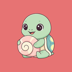 A cute cartoon turtle with green skin and a shell, holding a pink and cream spiral object, sits on a peach background.