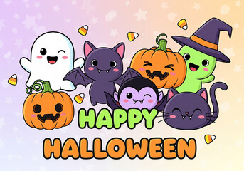 Fototapeta premium cute happy halloween cartoon background with ghost pumpkin bat witch and cat illustration