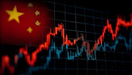 Visual representation of fluctuating financial market performance with the national flag of china superimposed illustrating economic trends and global trade dynamics